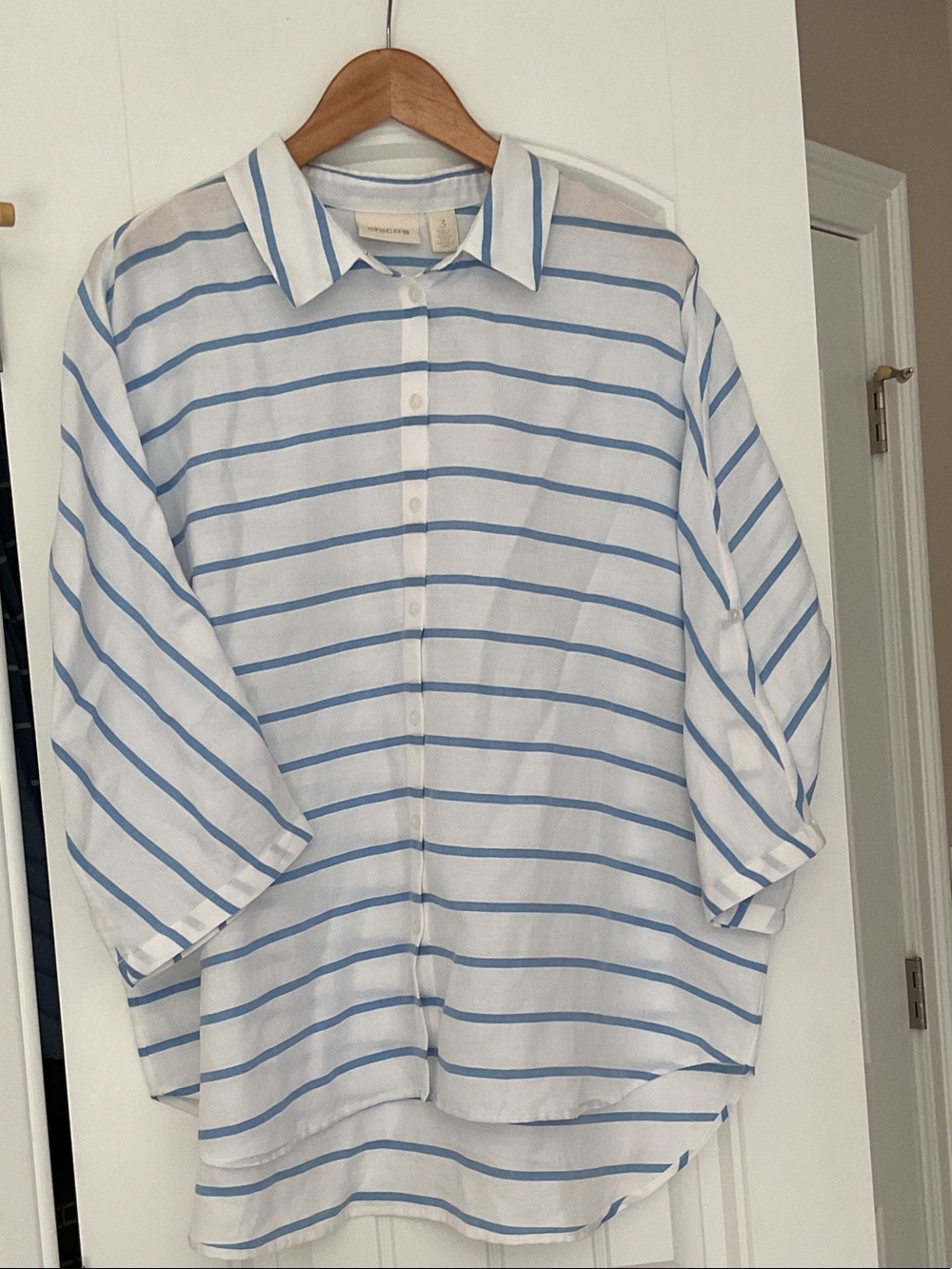 Chico's White Shirt with Light Blue Stripes